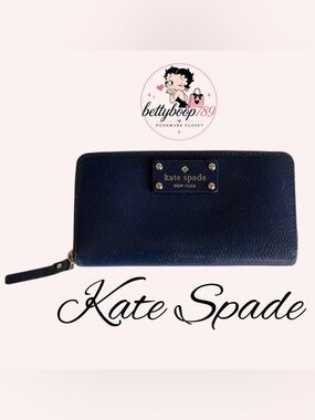 kate spade Navy Pebbled Leather Zip Around Wallet with Gold Plaque